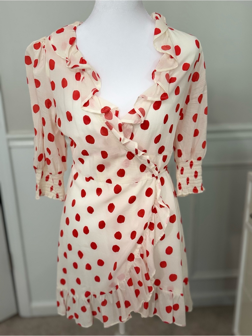 RIXO Cream Wrap Mini Dress with Red Polka Dots
